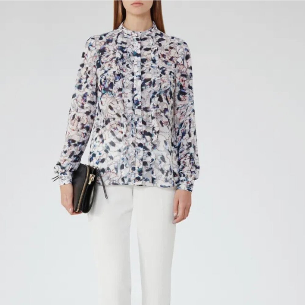 Reiss Floral Ruffle-Front Blouse in White, Navy, Pink